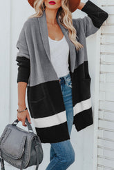 Cardigan long gris colorblock ouvert sur le devant avec poches