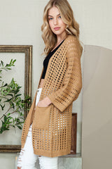 Kamelfarbener Pointelle-Strickcardigan mit offener Vorderseite und Tasche
