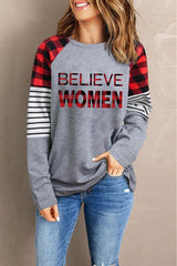 BELIEVE Plaid Striped Raglan Sleeve Top