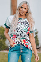 T-Shirt mit kurzen Raglanärmeln und Blumen-Leopardenmuster