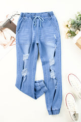 Jogginghose aus Denim im Used-Look mit Taschen