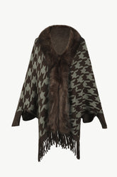 Houndstooth Faux Fur Trim Fringe Hem Poncho