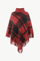 Plaid Fringe Hem Turtleneck Poncho