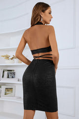 Neckholderkleid mit gespleißtem Netzstoff und überkreuztem Schnitt