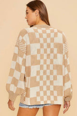 Cardigan kaki à carreaux colorblock ouvert sur le devant