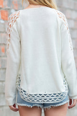 White Cutout Sleeve Solid Color Knit Sweater