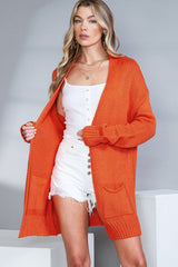 Orangefarbene Strickjacke mit offener Vorderseite und Taschen