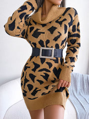 Animal Pattern Cowl Neck Mini Sweater Dress