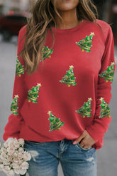 Sweat-shirt graphique à manches raglan et motif sapin de Noël à paillettes rouges