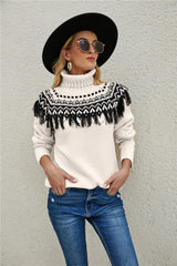 Pull col roulé Fair Isle à franges