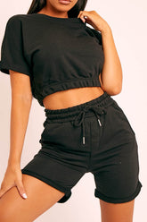 Short Sleeve Cropped Top Drawstring Shorts Lounge Set