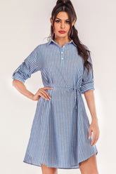 Robe chemise rayée à manches retroussées et quart de bouton, grande taille