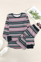 Printed Curved Hem Top Pants Pajamas Set