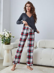 Buttoned Long Sleeve Top Plaid Pants Lounge Set