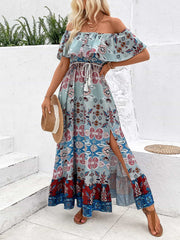 Robe longue fendue à épaules dénudées imprimée