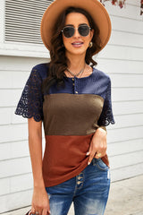 Color Block Spliced Lace Buttoned Tee