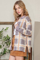 Sky Blue Plaid Collared Button Up Fuzzy Cardigan