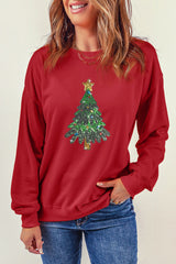 Red Christmas Tree Pattern Crewneck Pullover Graphic Sweatshirt
