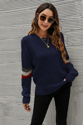 Feeling You Striped Cable-Knit Round Neck Sweater