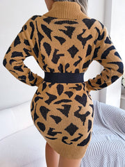 Animal Pattern Cowl Neck Mini Sweater Dress
