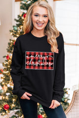 Schwarzes Sweatshirt mit „Frohe Weihnachten“-Print und Karomuster