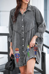 Gray Denim Sequin Cartoon Graphic Long Sleeve Shirt Dress