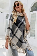 Plaid Fringe Hem Turtleneck Poncho