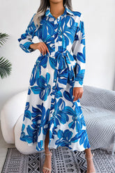 Botanical Print Long Sleeve Shirt Dress