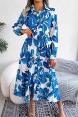 Botanical Print Long Sleeve Shirt Dress