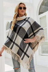 Plaid Fringe Hem Turtleneck Poncho
