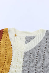 Color Block V-Neck Openwork Drop Shoulder Sweater