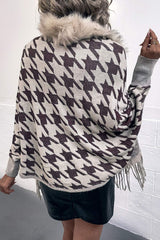 Houndstooth Faux Fur Trim Fringe Hem Poncho