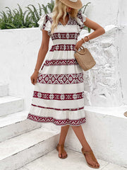 Robe imprimée à col en V et manches flottantes