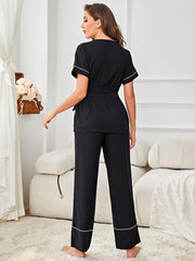 Contrast Piping Belted Top Pants Pajama Set