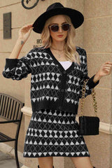 Geometric Dropped Shoulder Cardigan Knit Skirt Set