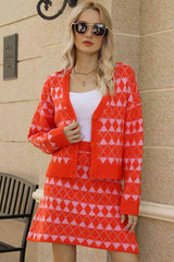 Geometric Dropped Shoulder Cardigan Knit Skirt Set