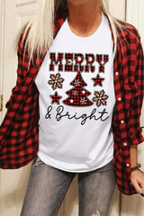 White MERRY Bright Plaid Print Christmas Crewneck Graphic T Shirt