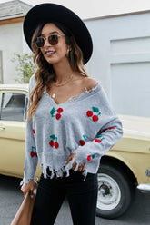 Pullover mit V-Ausschnitt und Kirschmuster und ausgefranstem Besatz