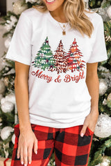 White Merry Bright Christmas Tree Print Graphic T Shirt