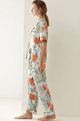 Botanical Print Button-Up Top Pants Pajama Set