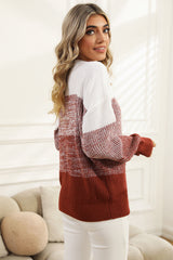 Brauner Pullover mit Farbblockdesign und überschnittener Schulterpartie und geripptem Besatz