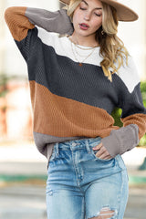Kastanienbrauner Farbblock-Lässiger Strickpullover