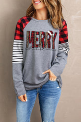 Graues, gestreiftes, kariertes, lässiges Langarm-Sweatshirt mit Grafik „Frohe Weihnachten“
