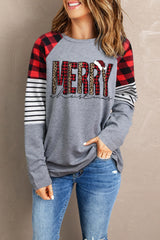 Grey Merry Christmas Striped Plaid Casual Graphic Long Sleeve Sweatshirt