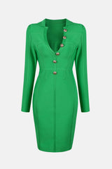 Decorative Button Back Slit Johnny Collar Bodycon Dress