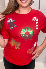Red Christmas Pattern Sequin Crew Neck Graphic Tee