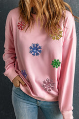Rosa Weihnachts-Sweatshirt mit Pailletten und Schneeflocken-Grafik