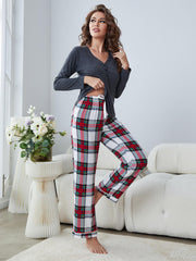 Buttoned Long Sleeve Top Plaid Pants Lounge Set