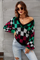 Pull à carreaux, col en V et manches lanternes