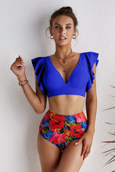 Bikini-Set mit Blumenmuster und hoher Taille und Rüschen